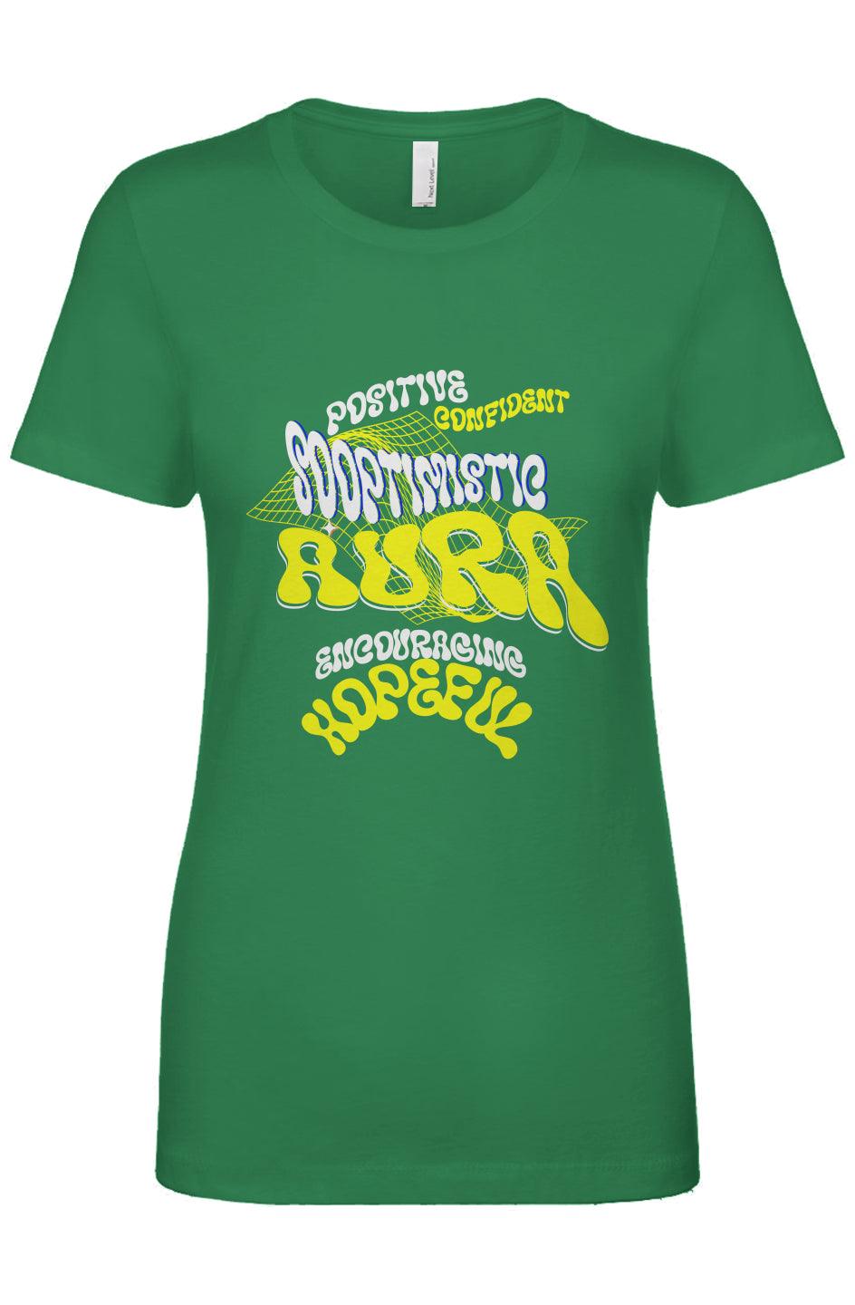 Next Level Women's Cotton T-Shirt in green with SoOptimisticAura positive graphic print and flattering modern fit