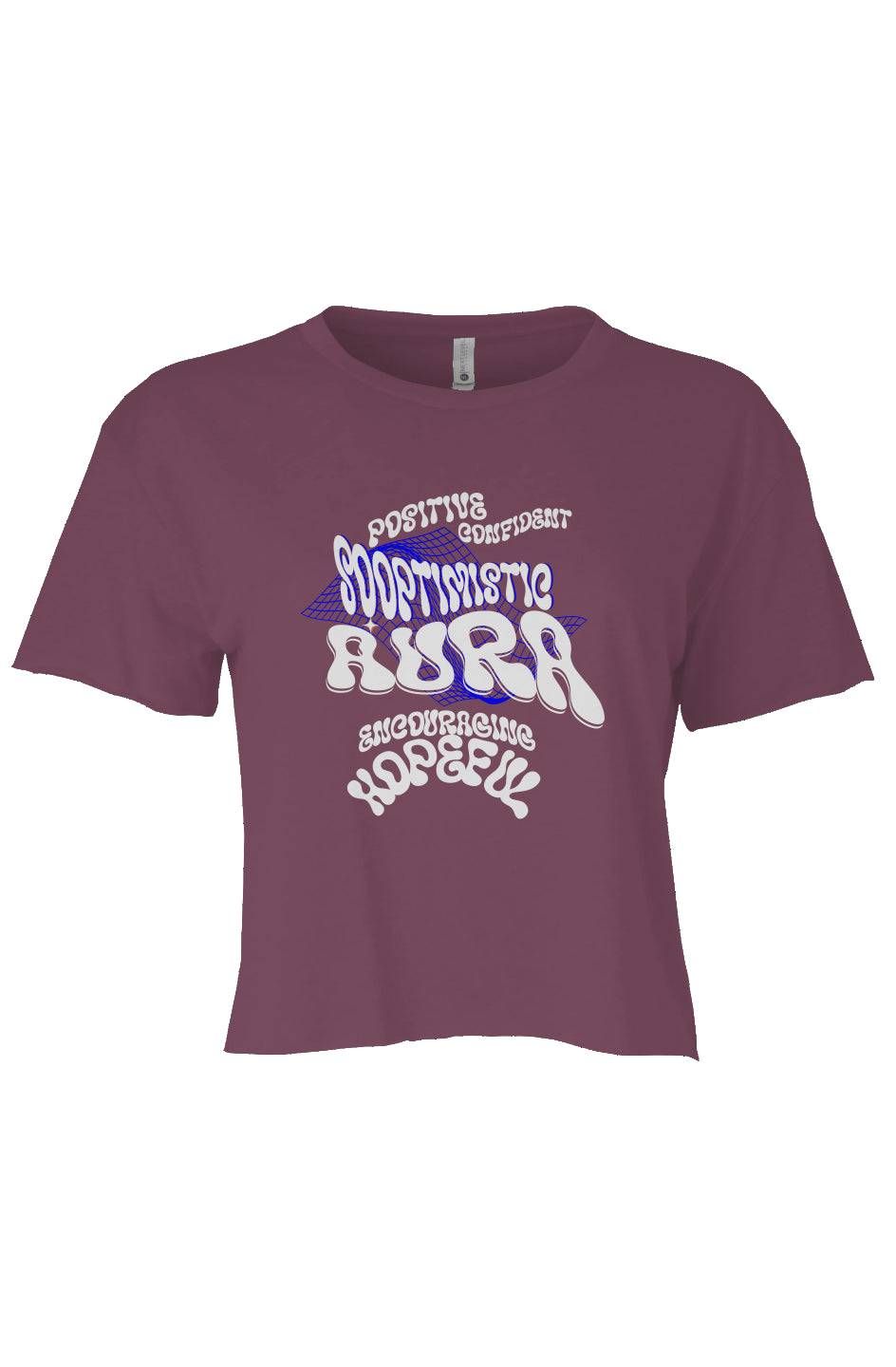 SoOptimisticAura Festival women's cropped soft purple T-shirt with positive graphic design and raw edge sleeves