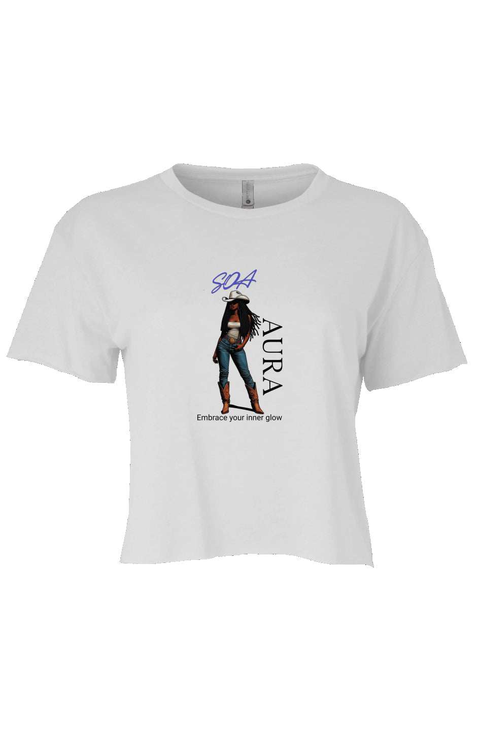 White SOAura Women's Cali Crop crop top with graphic print and raw edge sleeves and hem