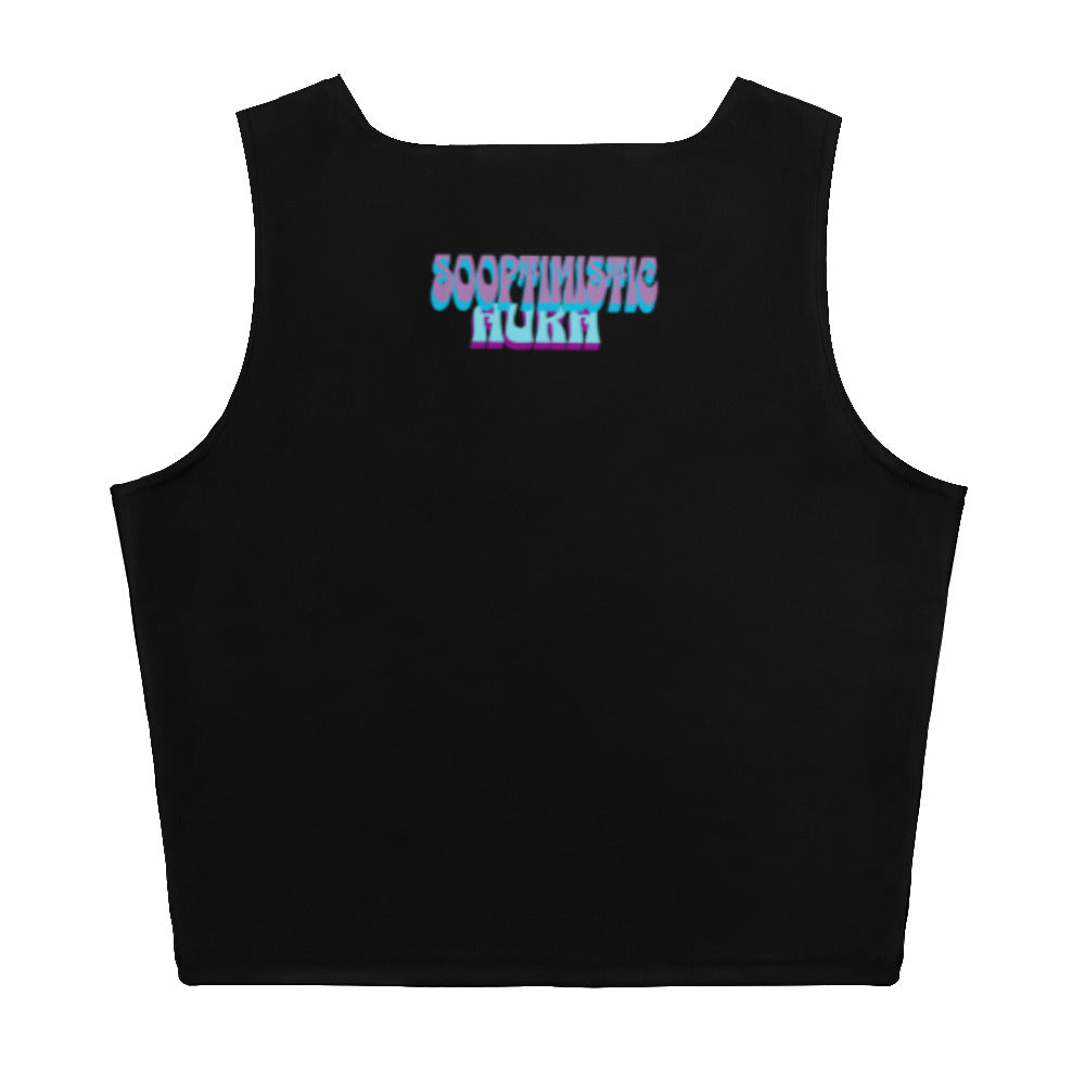 Back view of black SoOptimisticAura Crop Top with blue and pink logo, made of stretchy microfiber fabric