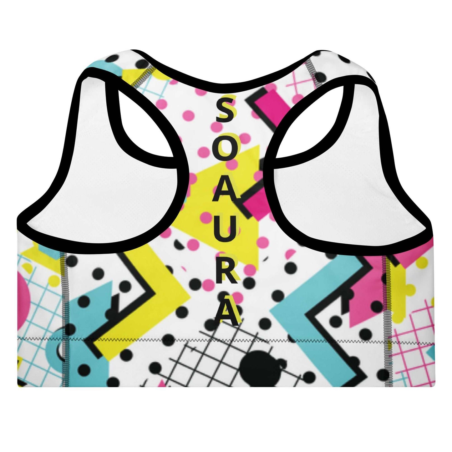 SOAura 90's inspired sports bra with moisture-wicking fabric, removable padding, and racerback design for A–C cups