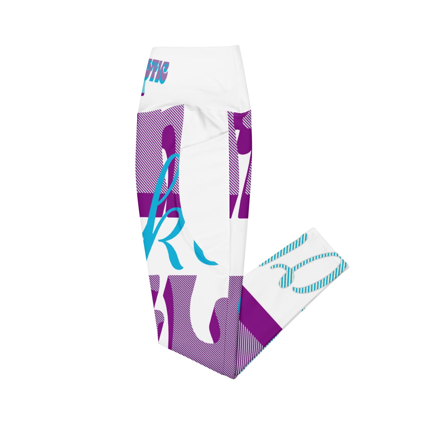 High-waisted leggings with pockets featuring purple and blue graphic design, made from soft stretchy fabric with mild compression.