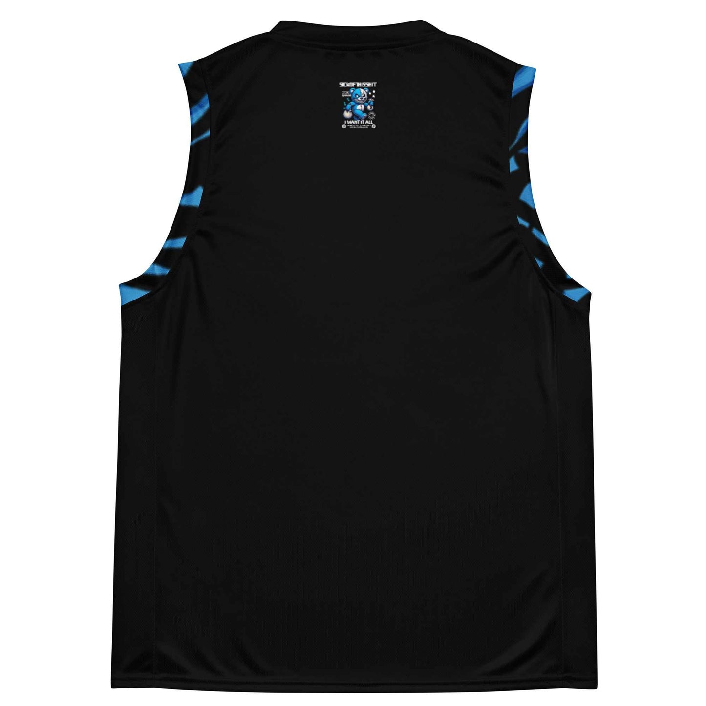 SickOfThisShit unisex black basketball jersey with blue accents, made from 100% recycled polyester, moisture-wicking and two-way stretch fabric