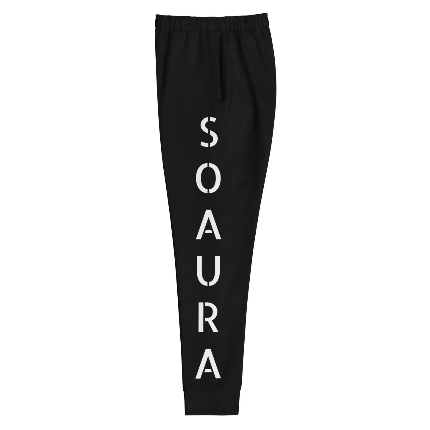 Black SOAura women's joggers with vertical white logo, slim fit, elastic waistband, and cuffed legs.