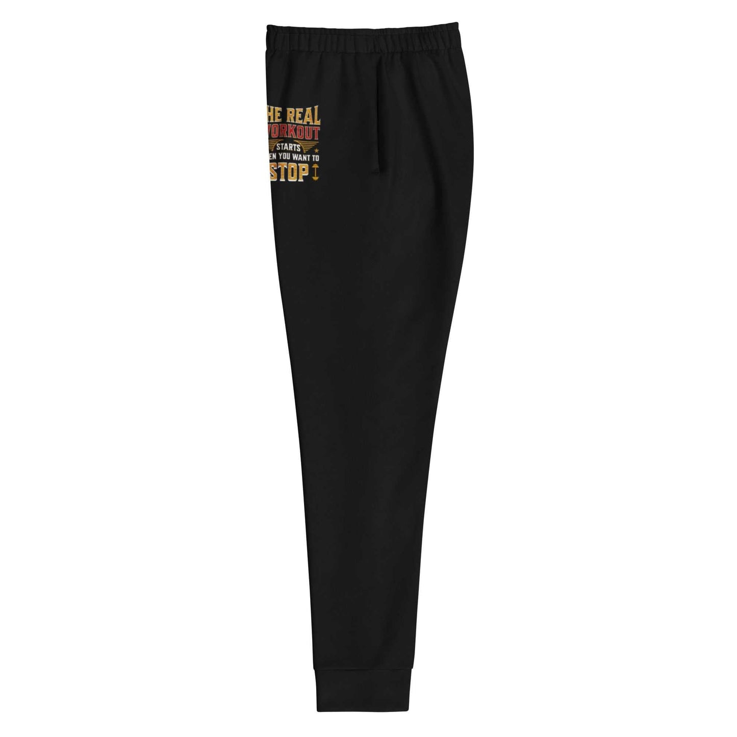 Black slim fit women's joggers with elastic waistband, white drawstring, cuffed legs, practical pockets, and motivational text print made from recycled polyester and spandex blend