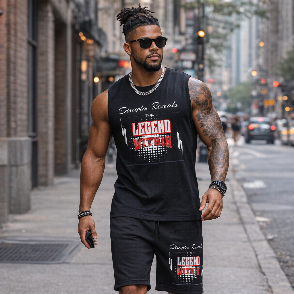 Man wearing black LEGENDWITHIN Muscle Shirt with relaxed fit and wide armholes walking in urban street