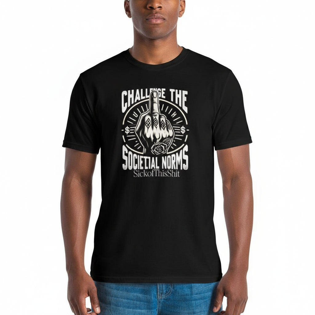 "Challenge the Societal Norms" T-shirt with raised middle finger design, soft polyester-spandex blend, bold statement of defiance and individuality