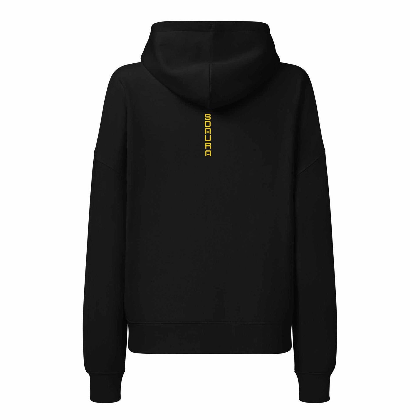Back view of SOAURA Women’s black organic mid-weight hoodie with yellow logo on hood