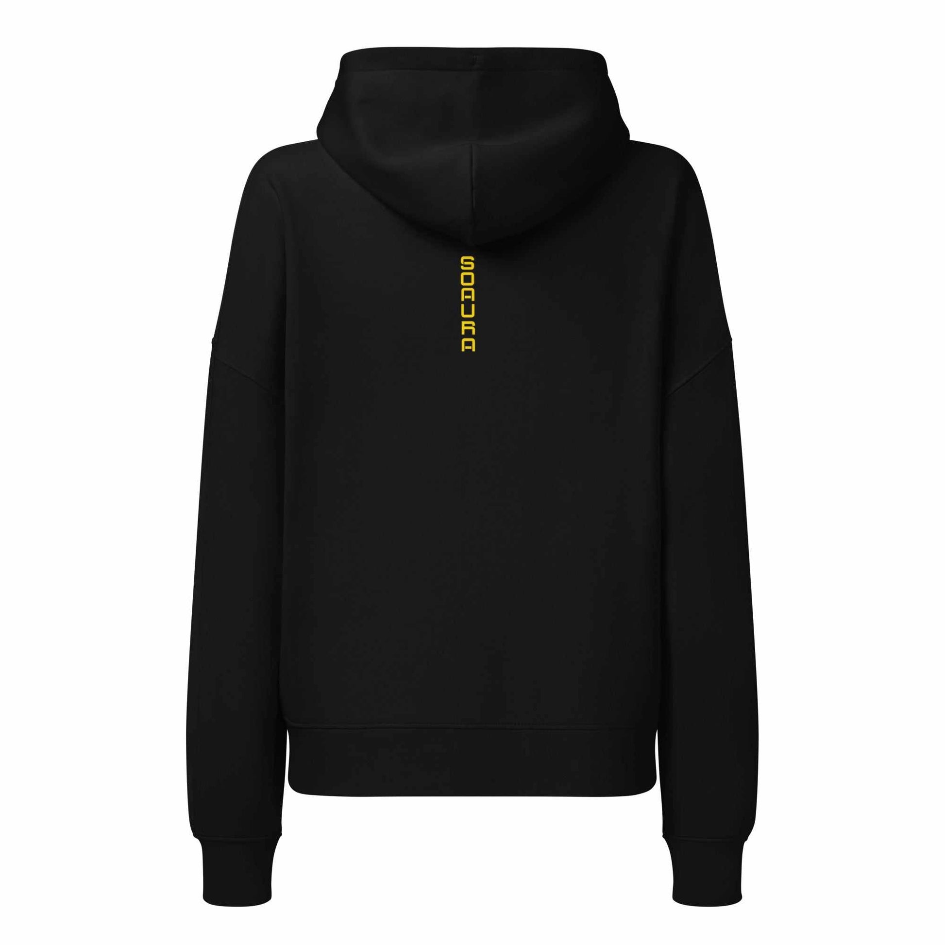 Back view of SOAURA Women’s black organic mid-weight hoodie with yellow logo on hood