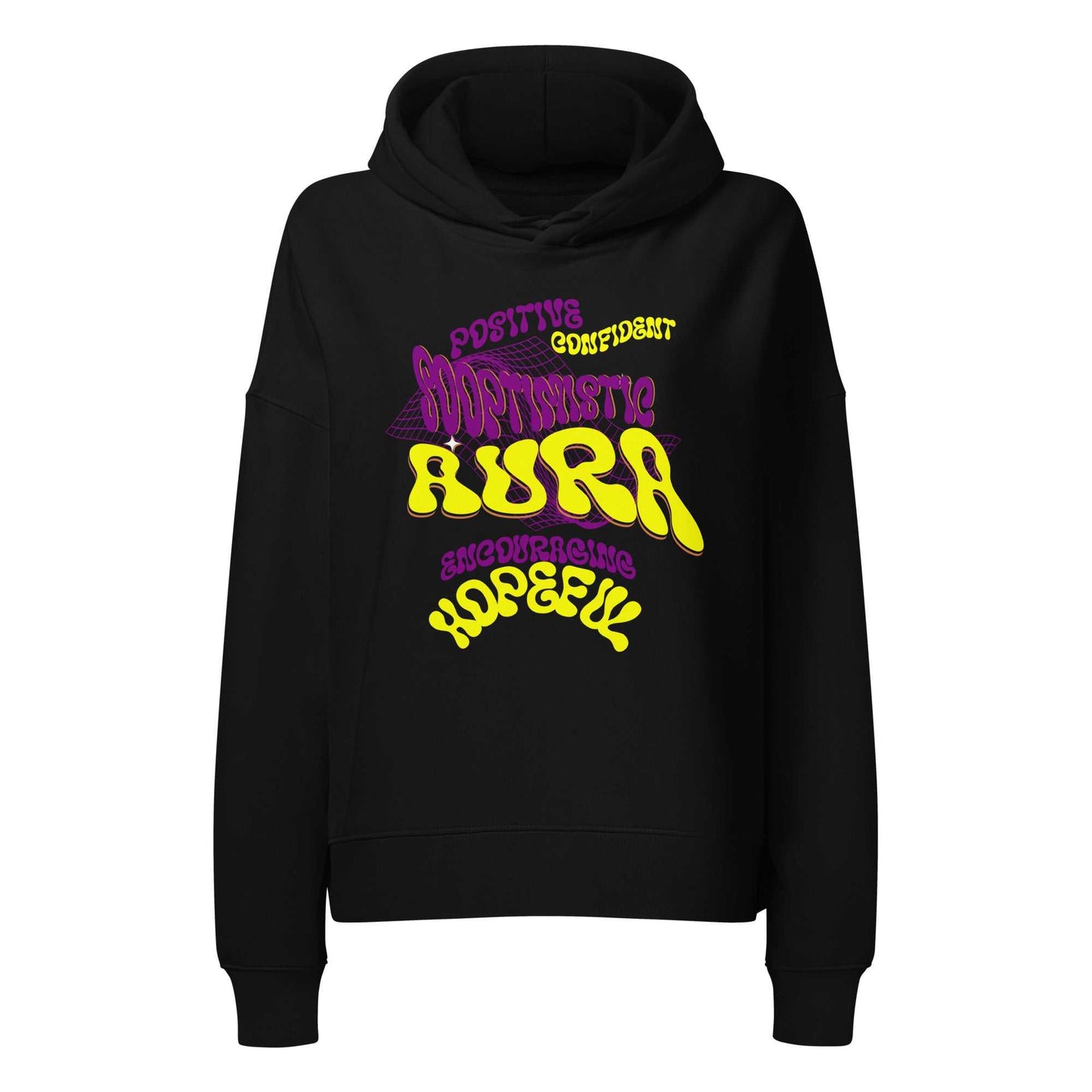 SOAURA Women’s organic mid-weight black hoodie with colorful positive slogan design, made from soft organic cotton blend.