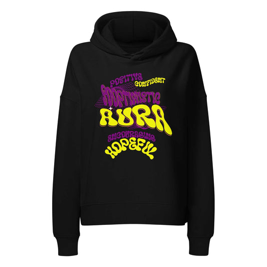 SOAURA Women’s organic mid-weight black hoodie with colorful positive slogan design, made from soft organic cotton blend.