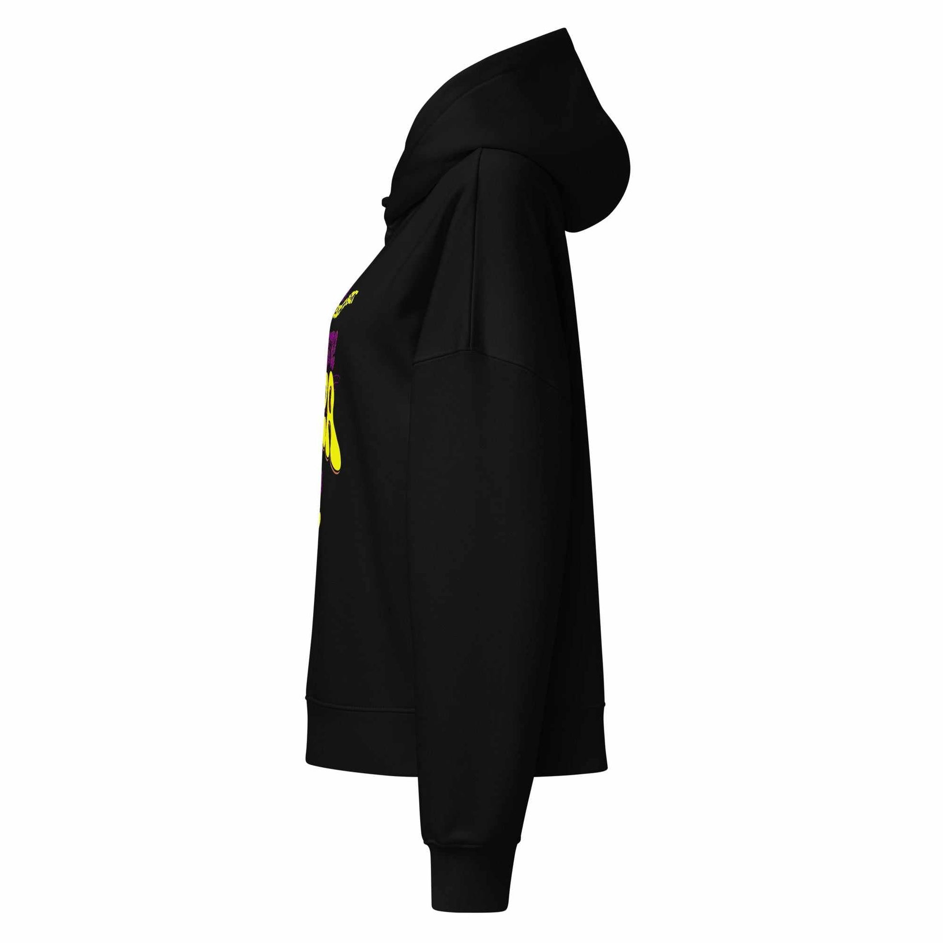 SOAURA Women’s organic mid-weight black hoodie with dropped shoulders and self-fabric hood, side view