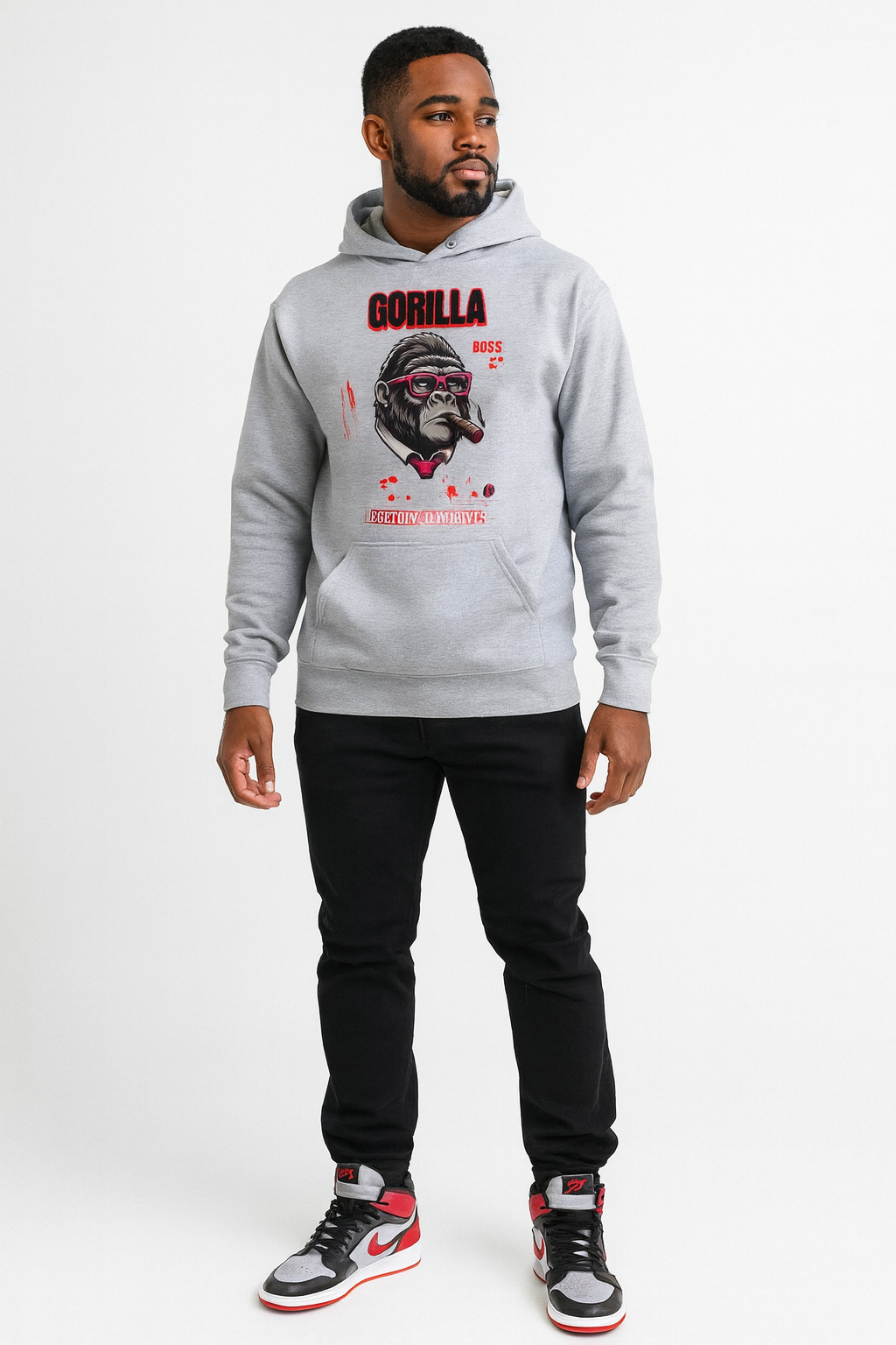 Man wearing grey LegendWithin GBoss Hoodie with gorilla graphic and black pants