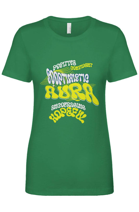 Next Level Women's Cotton T-Shirt in green with SoOptimisticAura positive graphic print and flattering modern fit