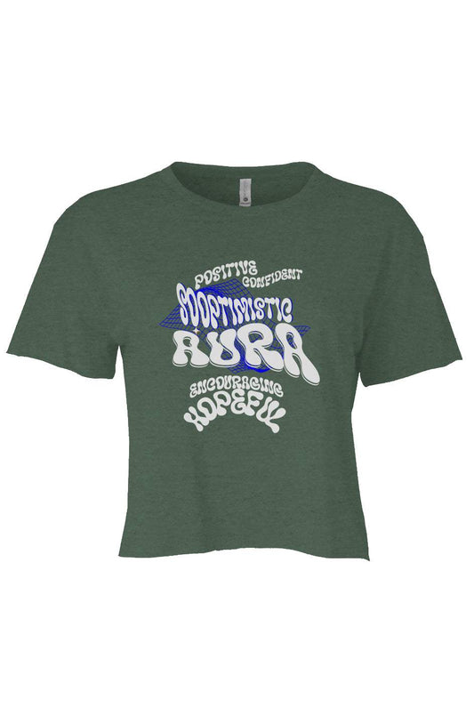 Green SoOptimisticAura Festival women's Cali crop top with soft fabric and raw edge sleeves