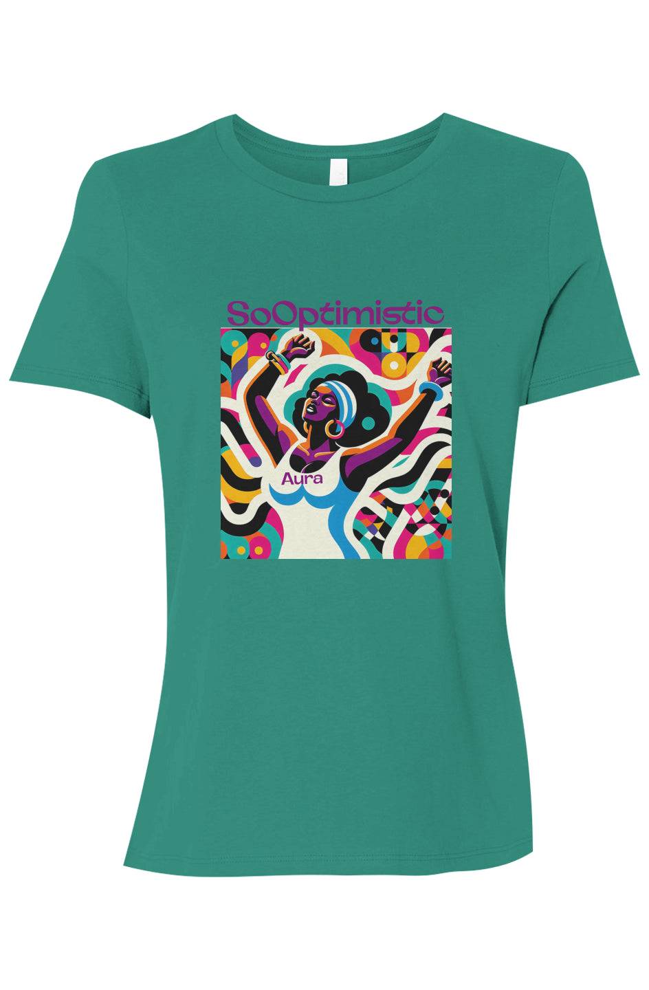 SoOptimisticAura Relaxed Jersey Tee in teal with colorful abstract graphic and short sleeves for casual wear
