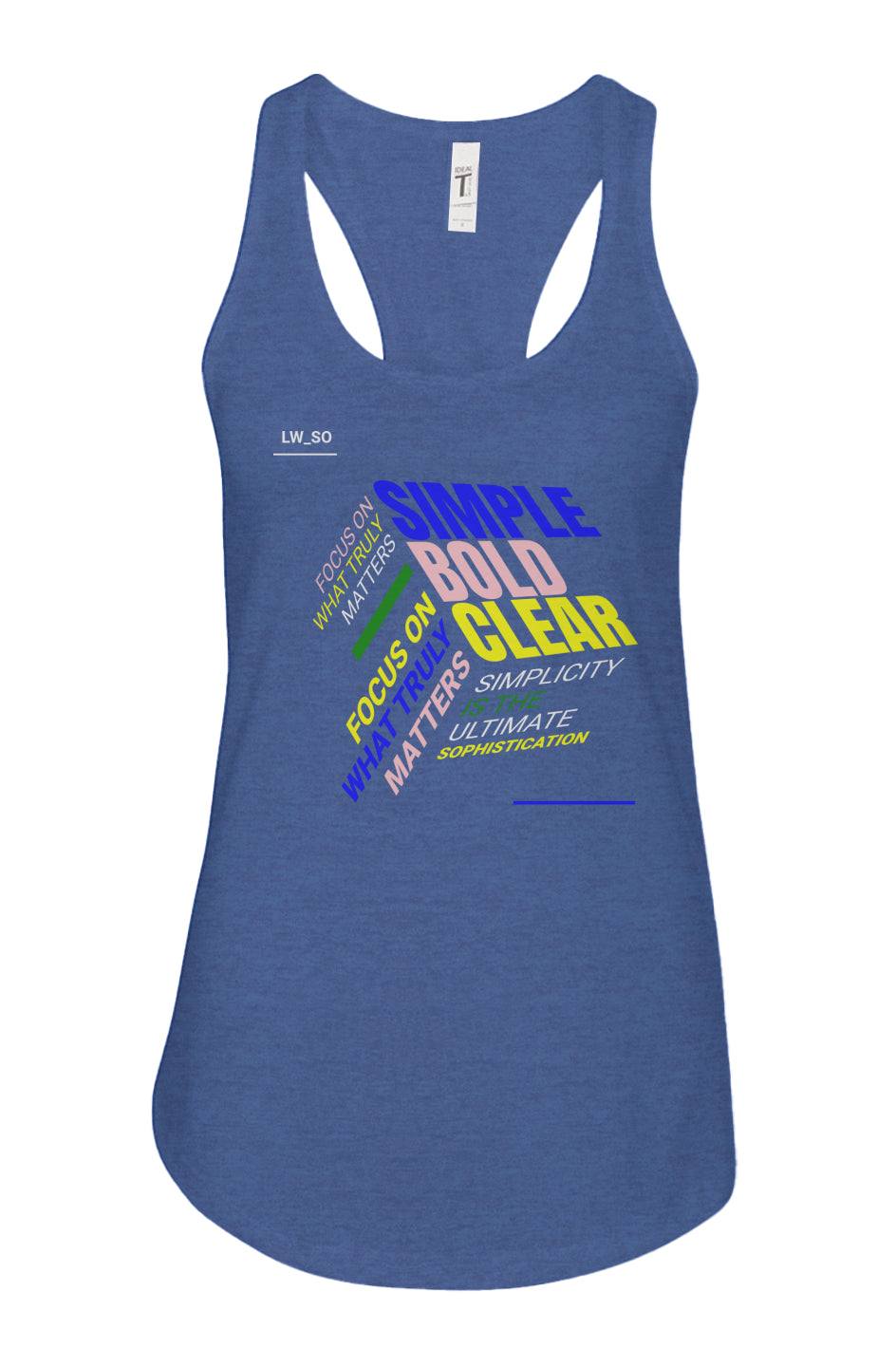 SoOptimistic Ideal Racerback Tank in blue with motivational text, soft cotton blend, racerback design, and curved hem for comfortable athletic wear