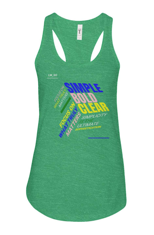Green SoOptimistic Ideal Racerback Tank with colorful motivational text print and curved hem design