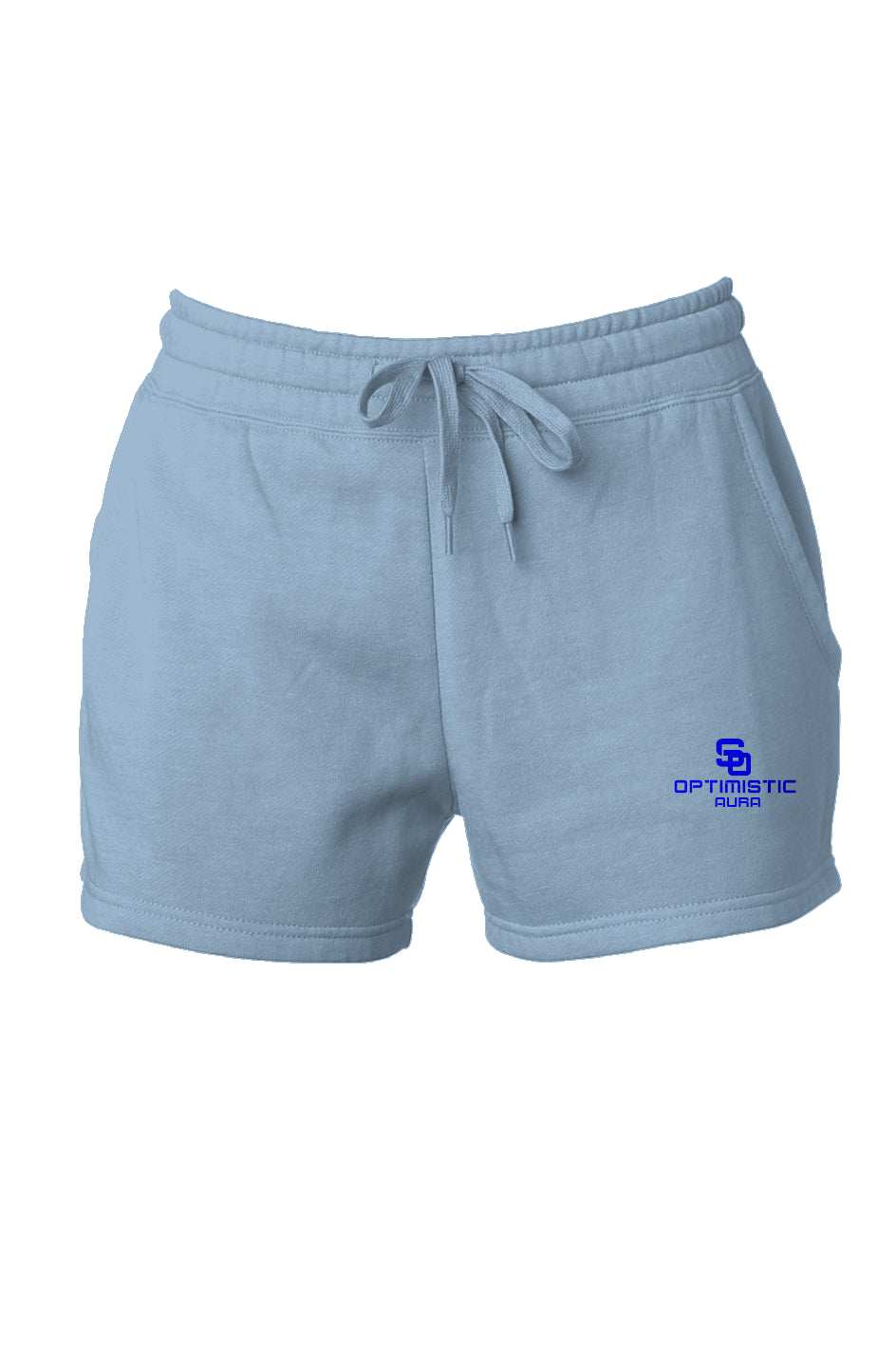 Light blue SoOptimisticAura Cali Wave Wash shorts with drawstring waist and logo on the left leg