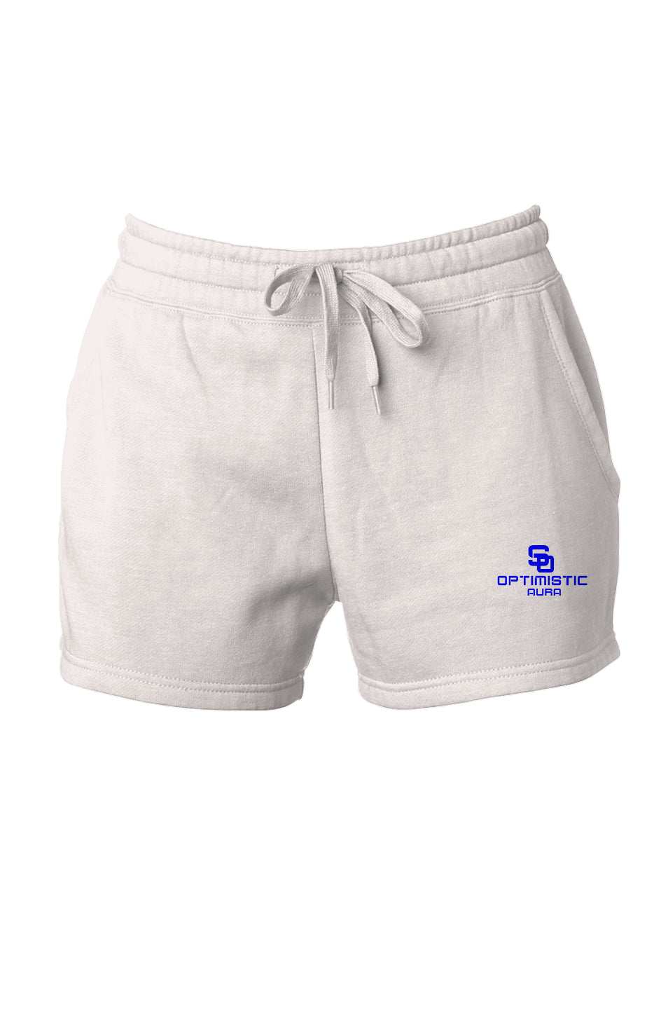 White SoOptimisticAura Cali Wave Wash Shorts with adjustable drawstring and blue logo on left leg, made from 100% cotton for comfort and style