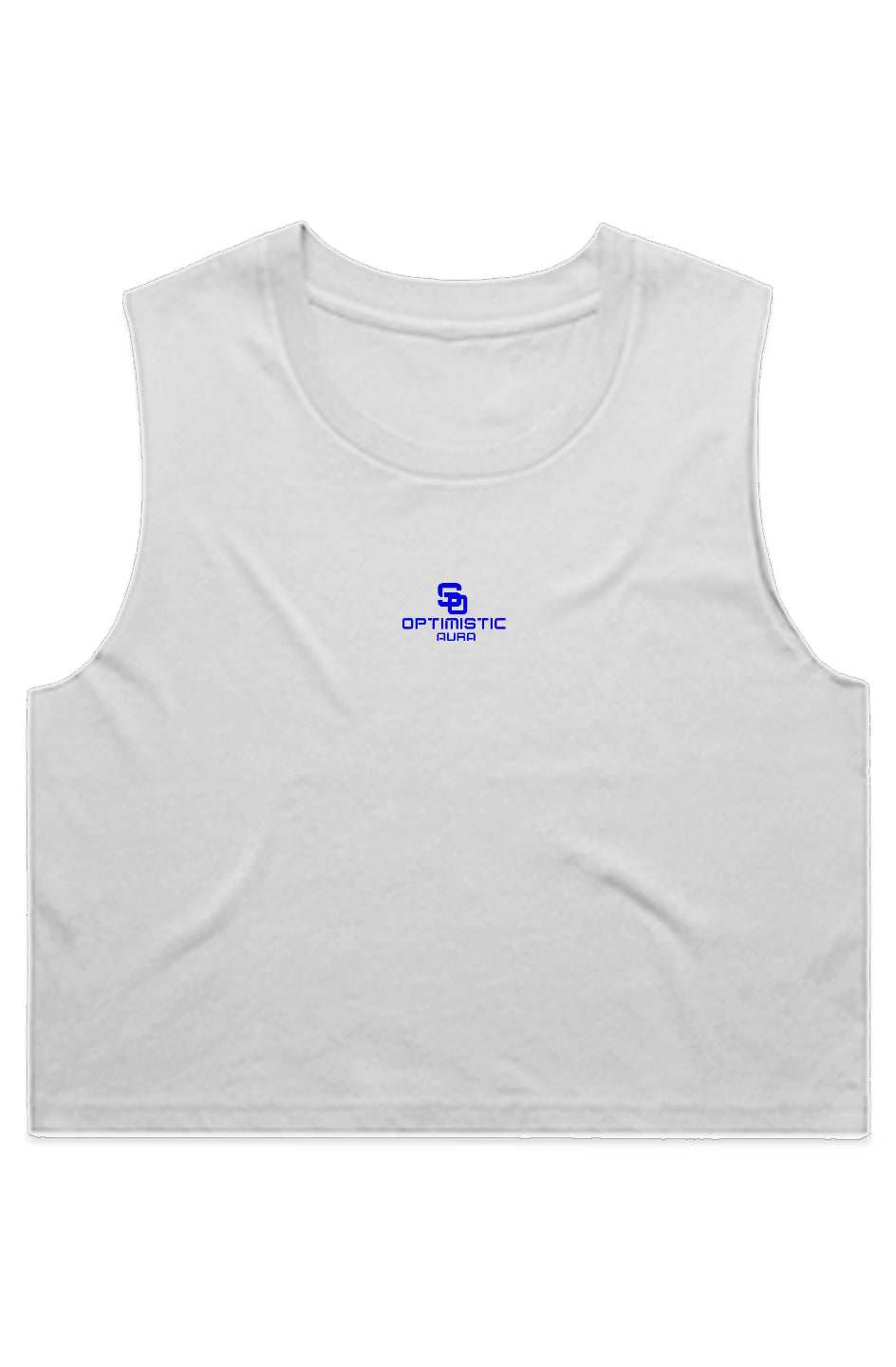 White SoOptimisticAura crop tank top with sleeveless design and small blue logo on chest