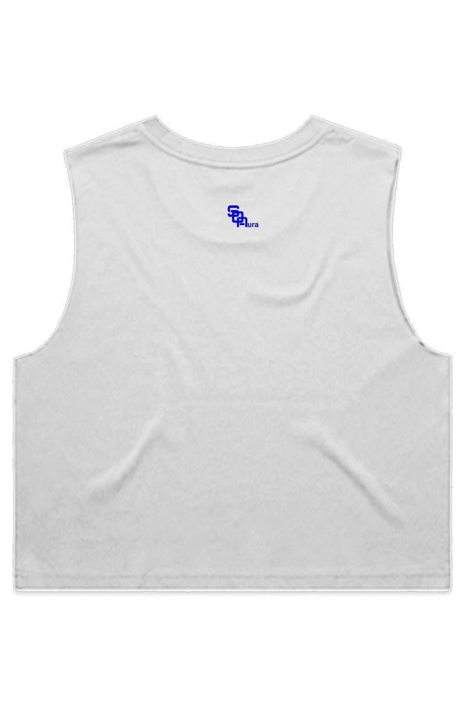 White SoOptimisticAura CROP TANK sleeveless crop tank top with raw armhole edges and back logo print