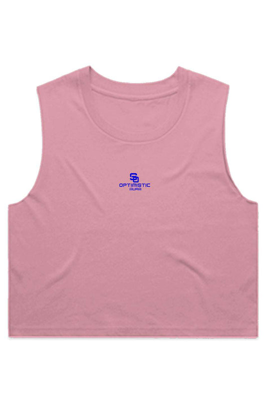 Pink sleeveless SoOptimisticAura CROP TANK with regular fit and raw armhole edges made from 100% cotton.