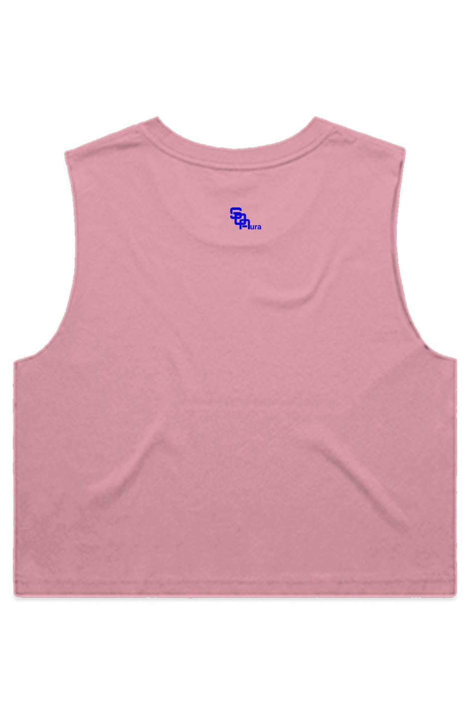 Back view of pink SoOptimisticAura CROP TANK sleeveless crop top with raw armhole edges and neck ribbing.