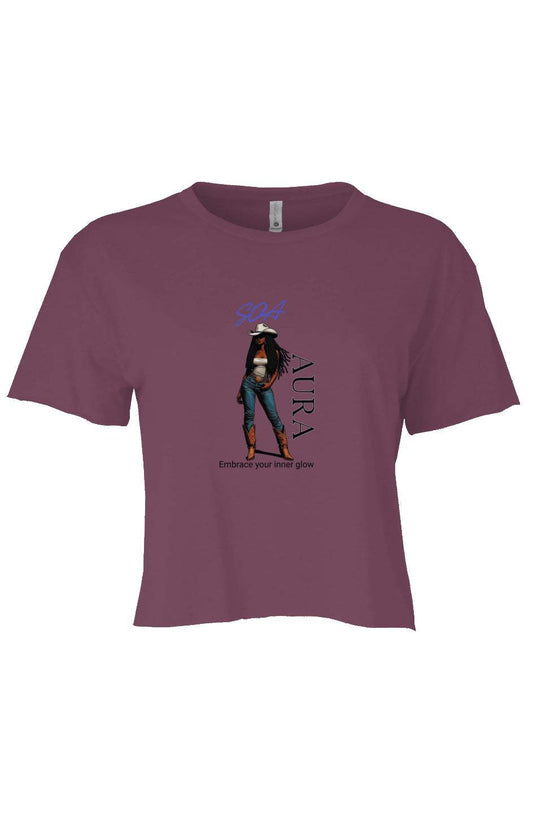 SOAura Women's Cali Crop soft lightweight crop top with raw edge sleeves and hem in purple