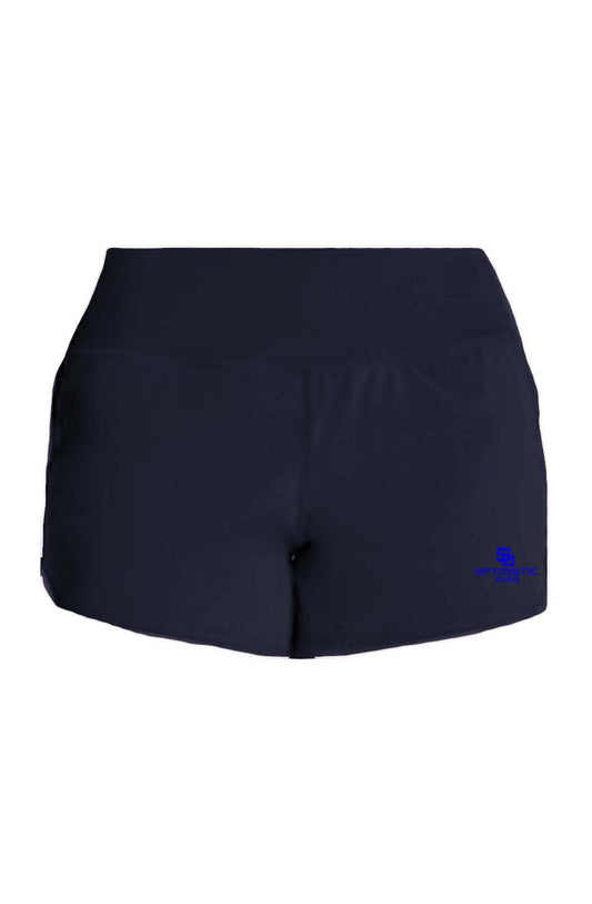 Black SOA ladies active shorts with knit waistband and small logo on front leg