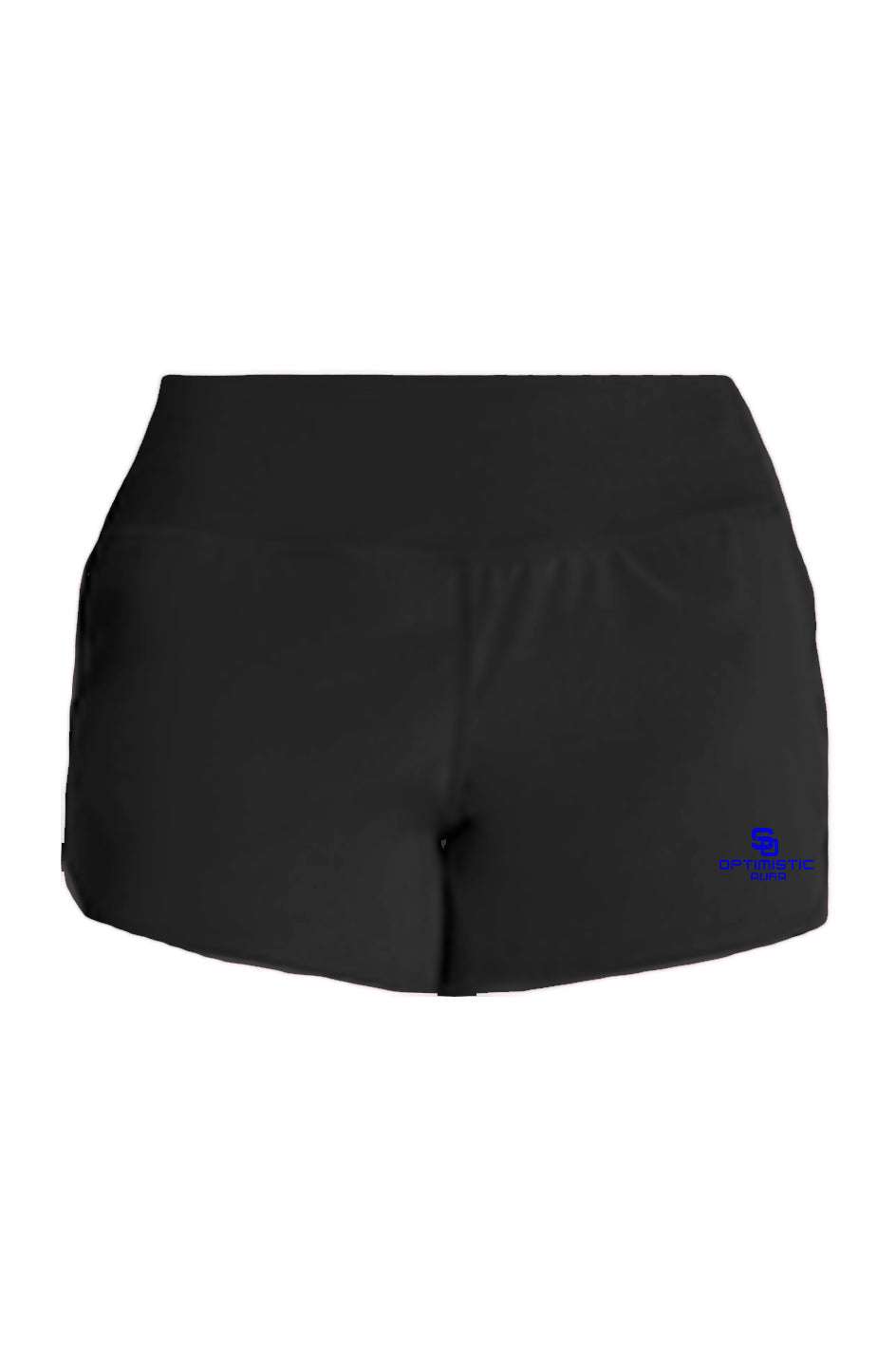 Black SOA Ladies Active Shorts with knit waistband and small blue logo on front hem, designed for comfort and style.