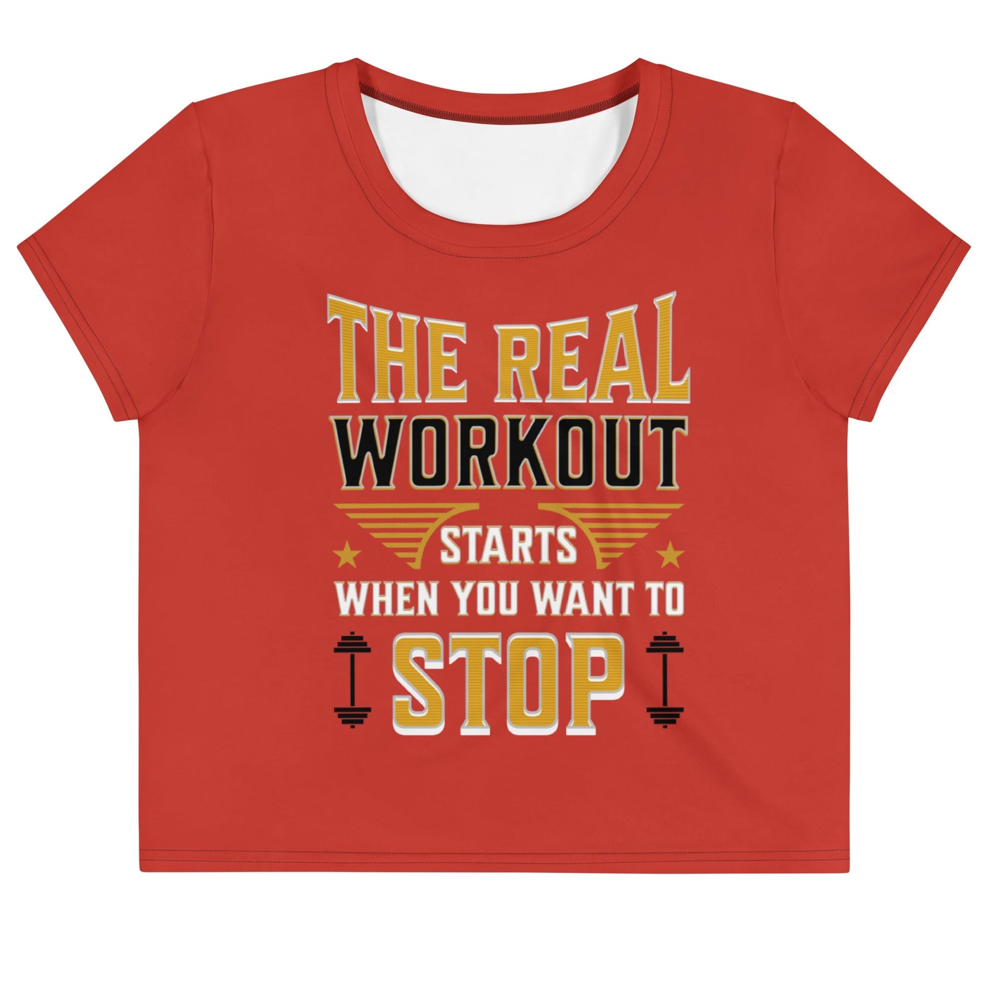 SoOptimisticAura Crop Tee red workout crop top with motivational fitness quote design