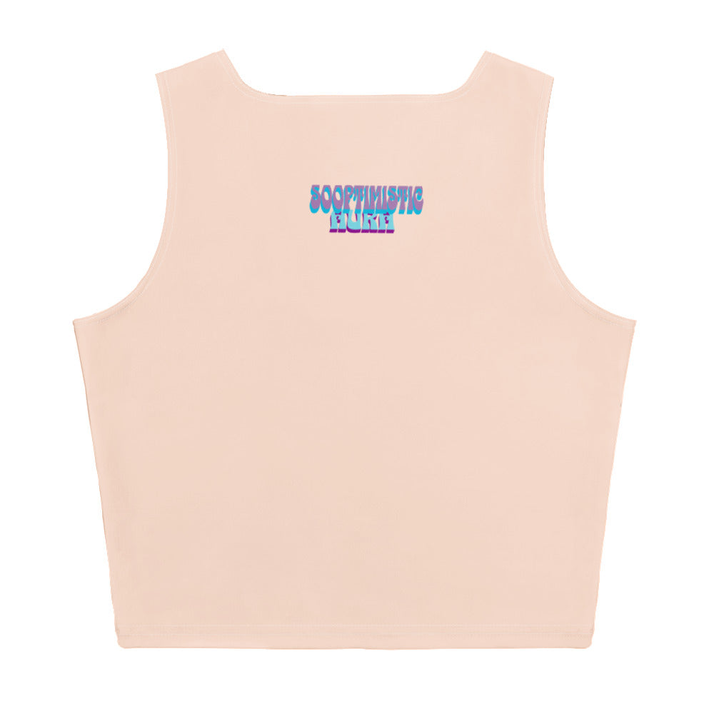 Back view of beige SoOptimisticAura Crop Top with blue logo, body-hugging fit, made from 75% recycled polyester and 25% elastane with stretch fabric