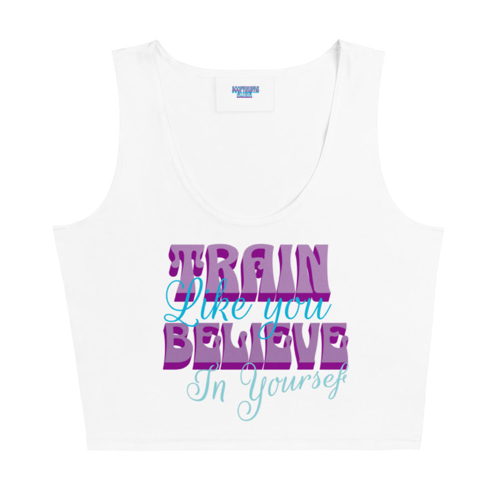 White SoOptimisticAura Crop Top with body-hugging fit and colorful "Train Like You Believe In Yourself" text design