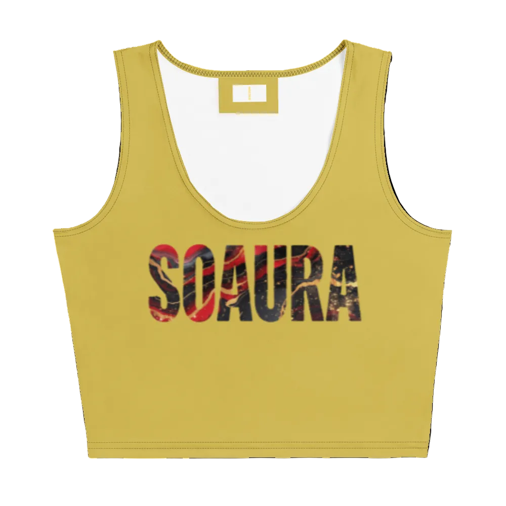 SOAURA's Crop Top mustard yellow body-hugging stretch fabric with printed logo