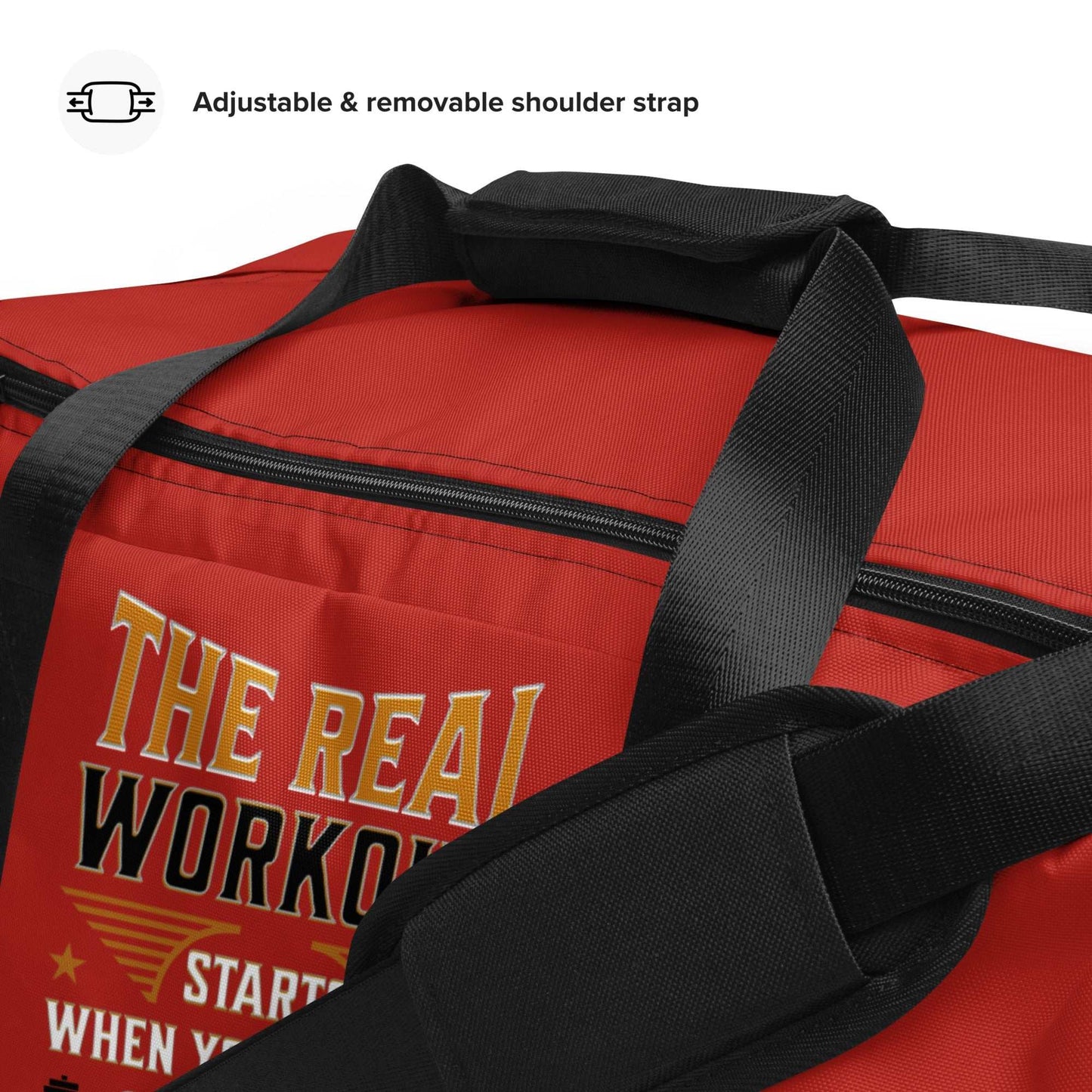 Black polyester duffle bag with adjustable padded strap and multiple pockets for travel and gym use