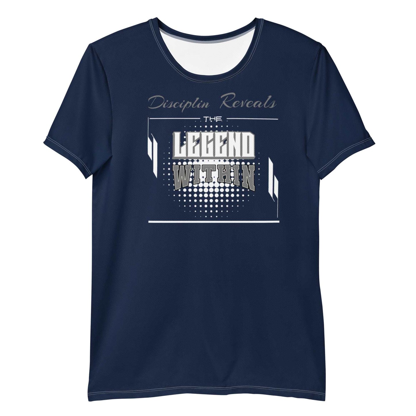 LegendWithin Men's Athletic T-Shirt navy blue moisture-wicking sportswear with bold graphic front and UPF 50+ protection
