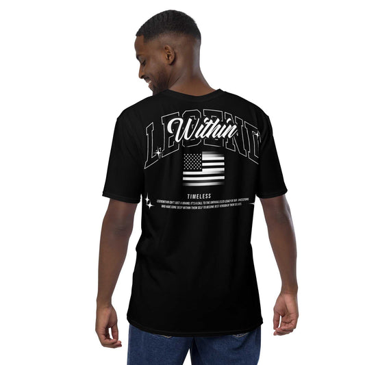 Man wearing a black LegendWithin Men's t-shirt with white graphic text and American flag design on the back
