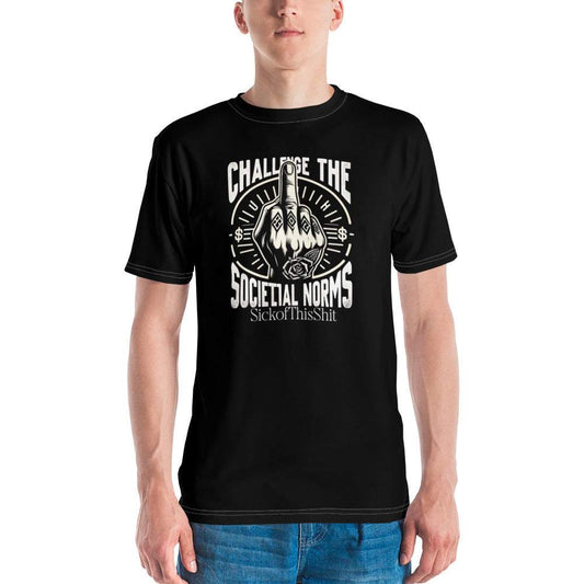 Black "Challenge the Societal Norms" T-shirt with bold raised middle finger graphic and white text from SickOfThisShit collection, worn by a man