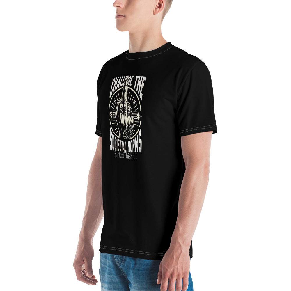 Black "Challenge the Societal Norms" t-shirt with bold raised middle finger graphic on front, worn by male model