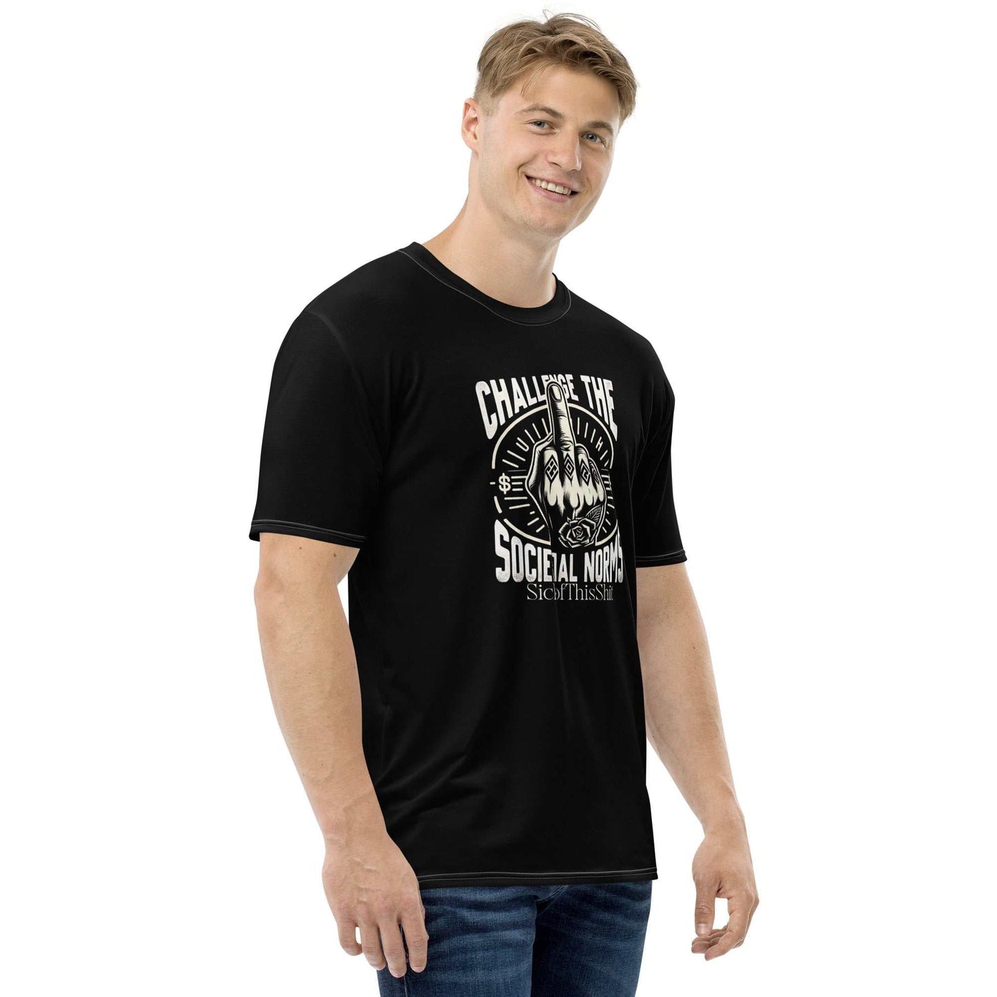 Man wearing black "Challenge the Societal Norms" T-shirt with raised middle finger graphic and bold white text.