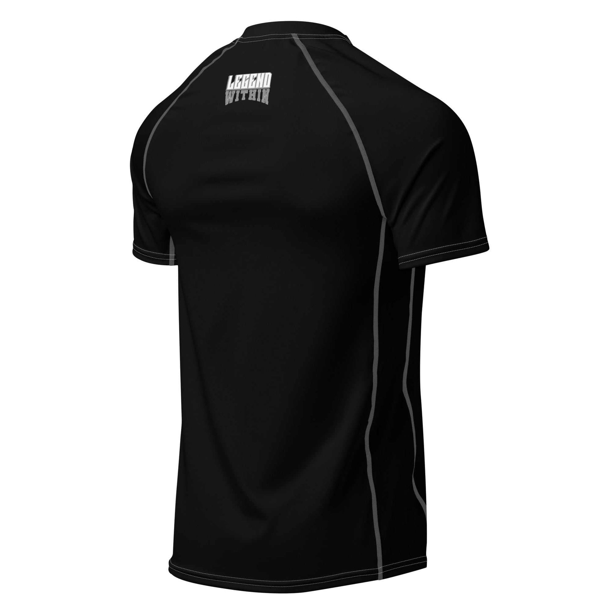 LegendWithin Men’s Rash Guard black short sleeve moisture-wicking fitted top with flatlock seams and UPF 50+ protection