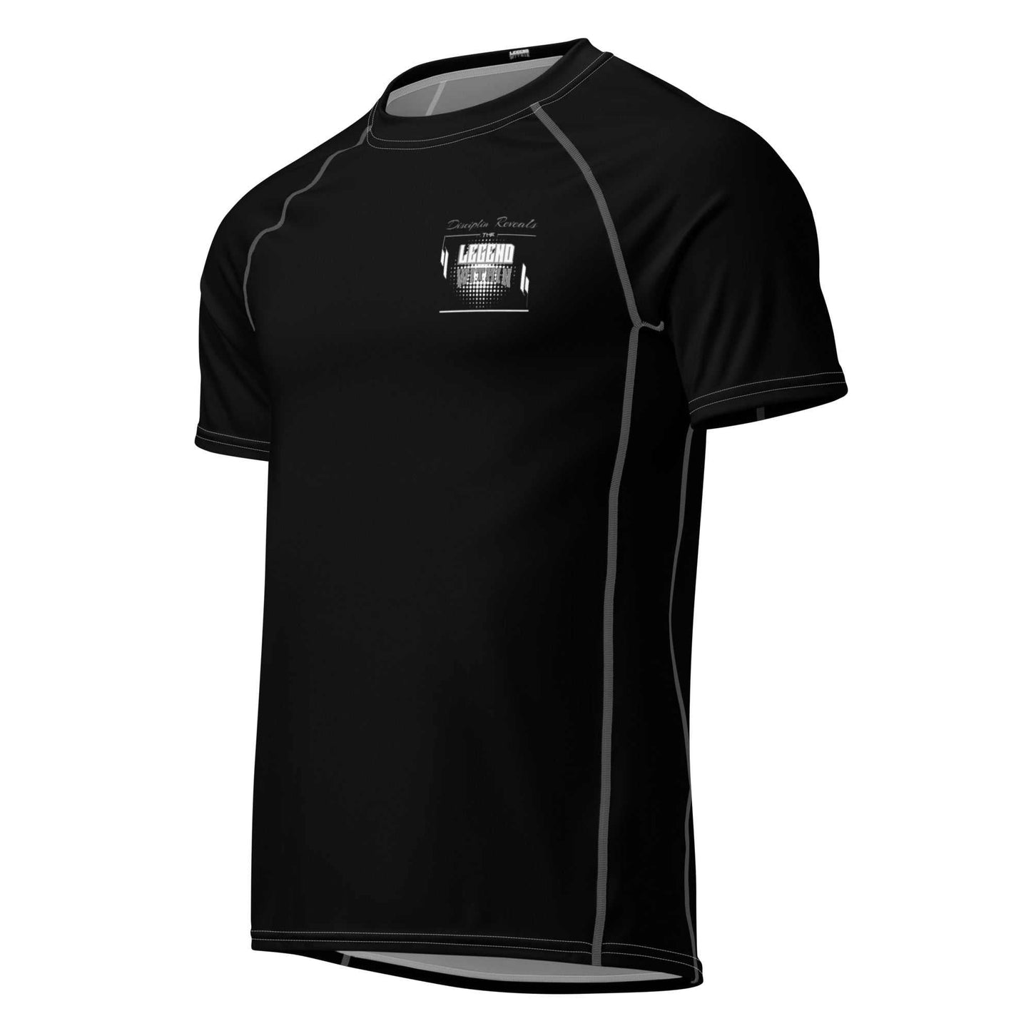 LegendWithin Men’s Rash Guard black moisture-wicking fitted short sleeve with UPF 50+ protection and flatlock seams