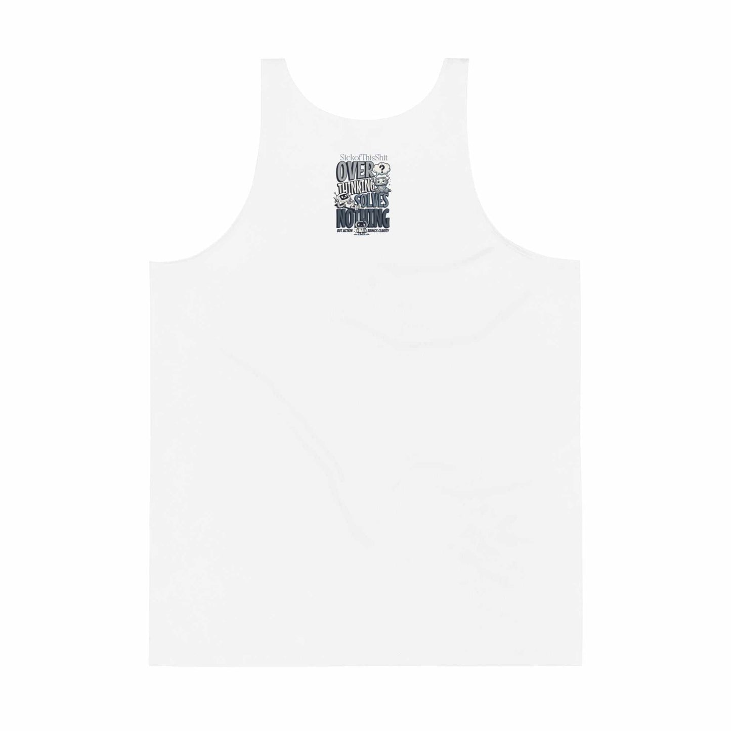 White sleeveless "Take Action Tank Top" with "Overthinking Solves Nothing" motivational graphic print