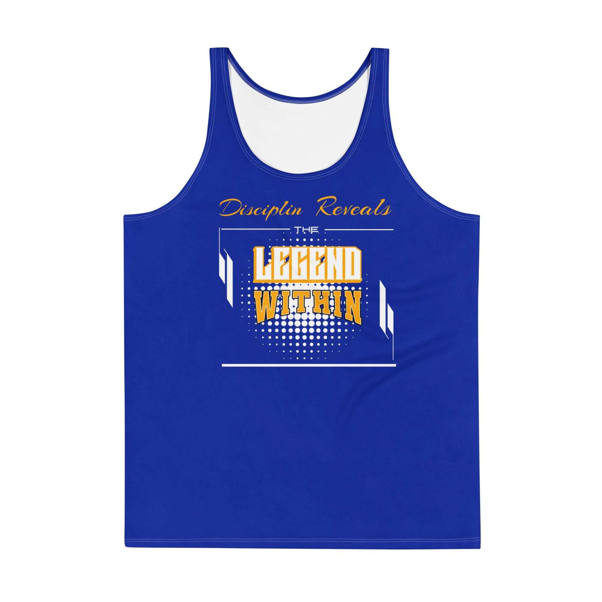 Blue LegendWithin Tank Top with "Discipline Reveals The Legend Within" text, soft stretch fabric, and relaxed fit.