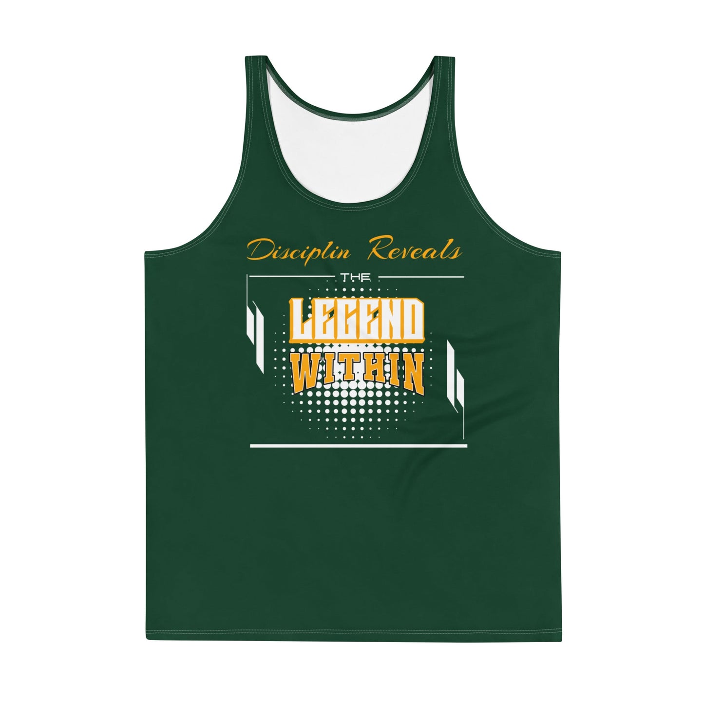 Green LegendWithin tank top with yellow and white "Discipline Reveals The Legend Within" text design, made of soft, stretchy polyester-spandex blend.