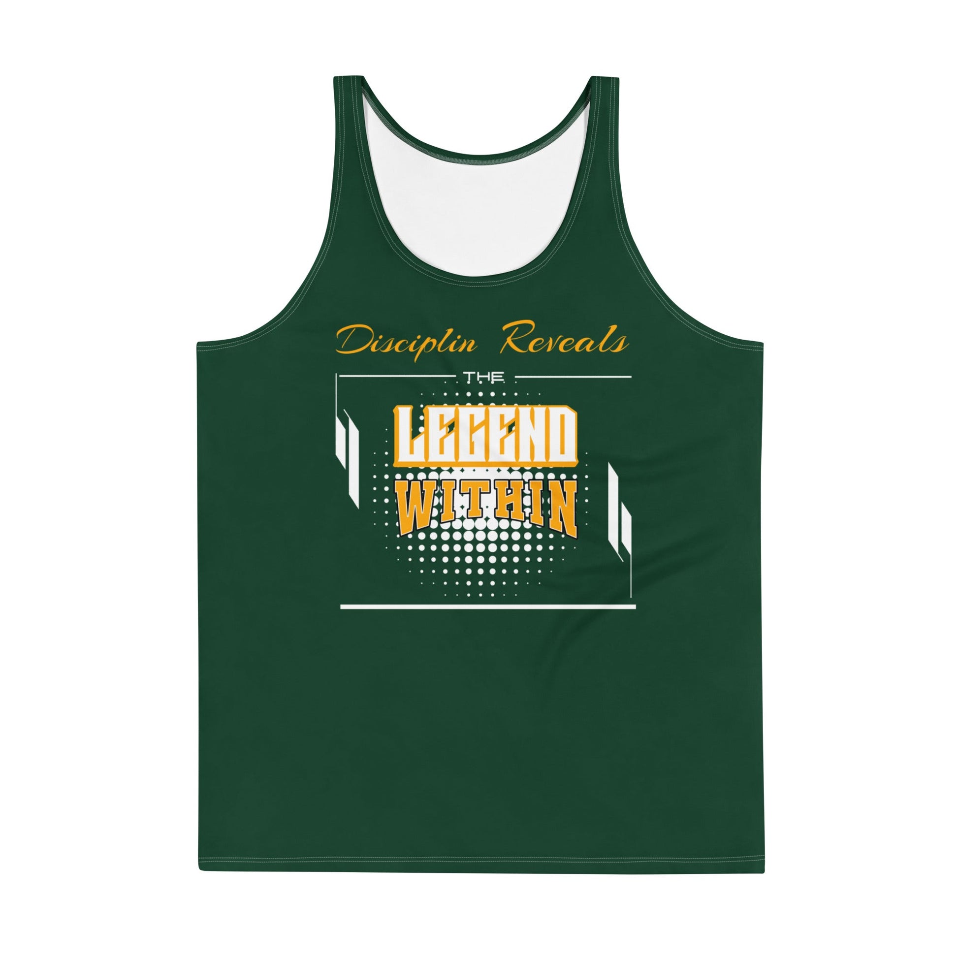 Green LegendWithin tank top with yellow and white "Discipline Reveals The Legend Within" text design, made of soft, stretchy polyester-spandex blend.