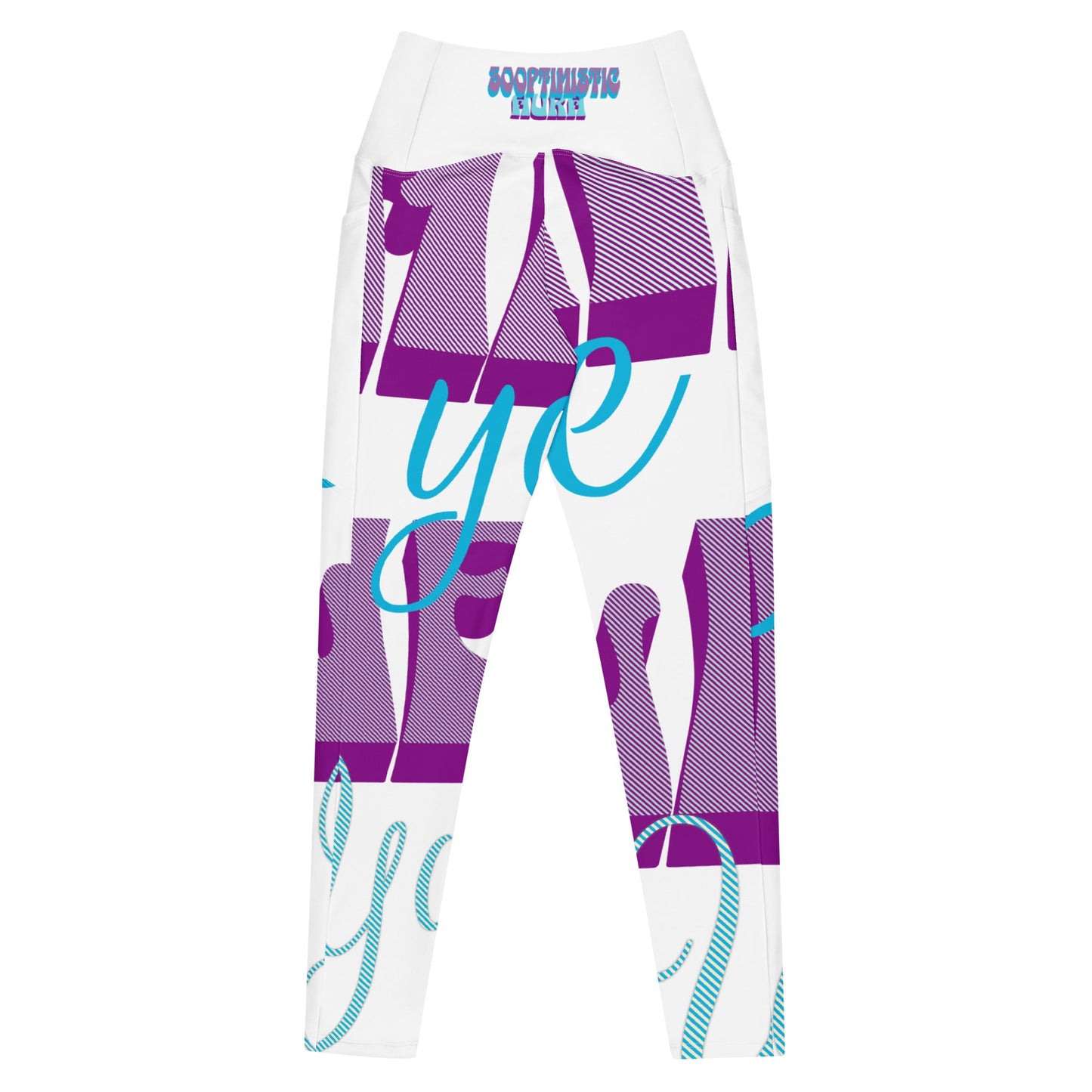 White and purple leggings with side pockets and high-waisted fit