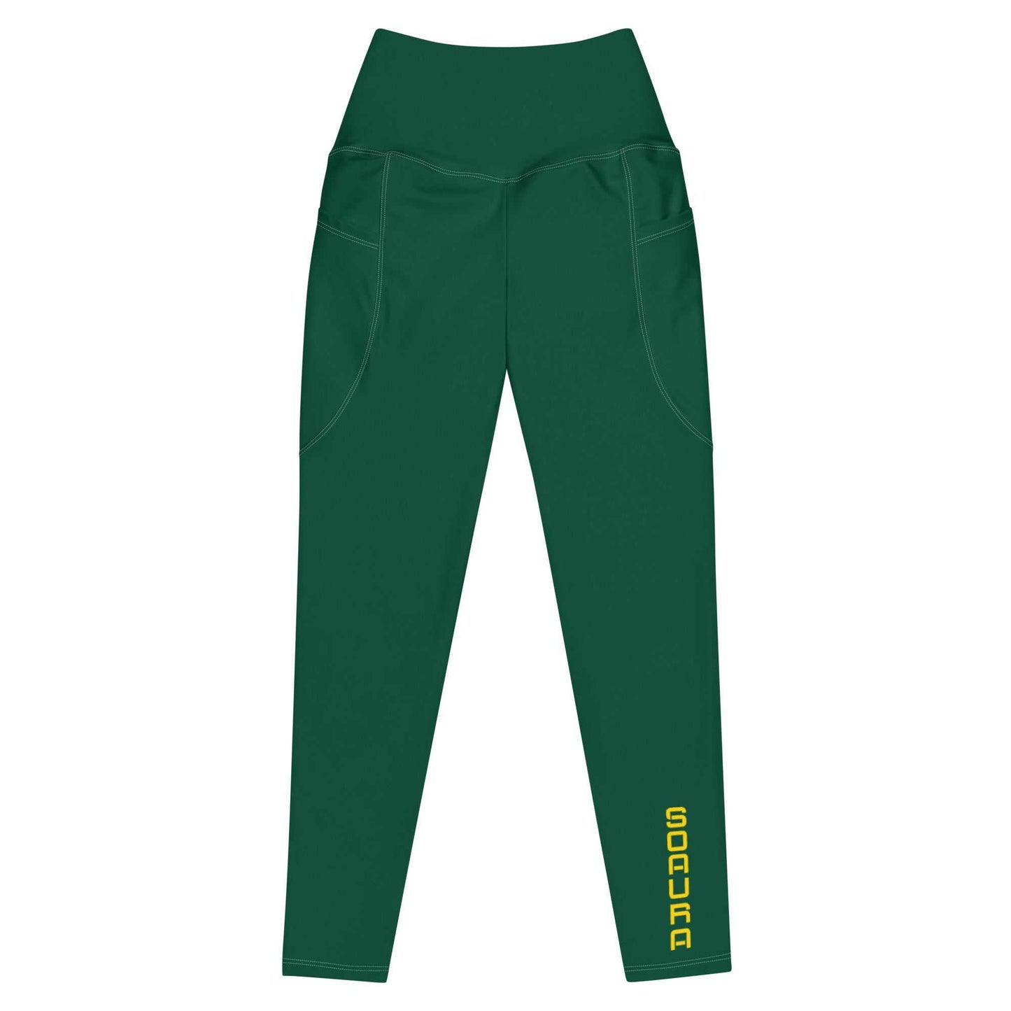 Dark green high-waisted SOAura leggings with side pockets and yellow logo on leg, made of soft stretchy fabric with mild compression.