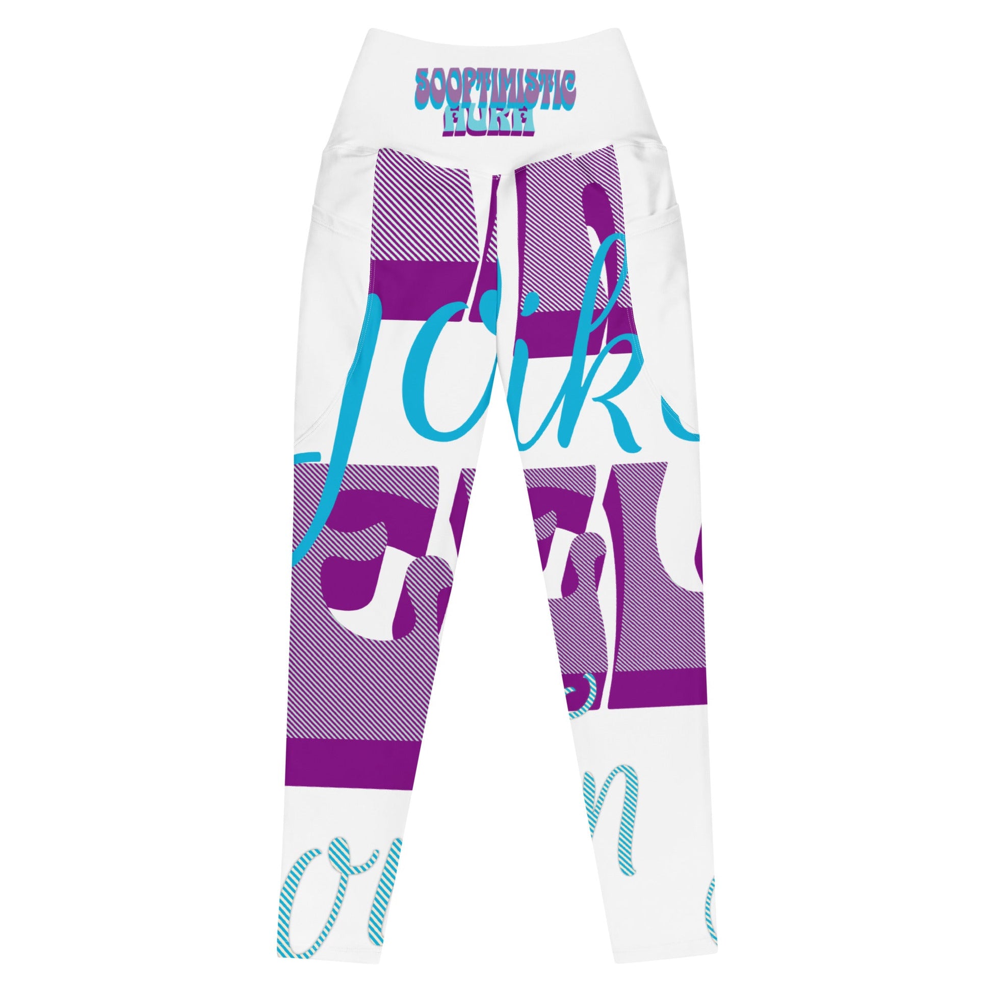 High-waisted white leggings with purple and blue graphic design and side pockets for workout and casual wear
